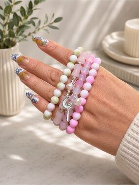 Pastel Pink & Mint Beaded Stack Bracelet Set #03